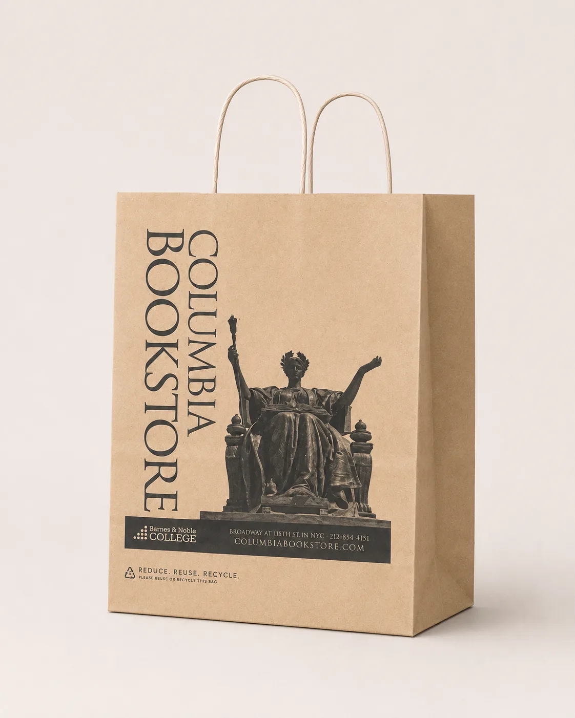 Naturel kraft üzerine siyah fotoğraf baskılı, burgulu kraft saplı Columbia Bookstore kağıt çantası